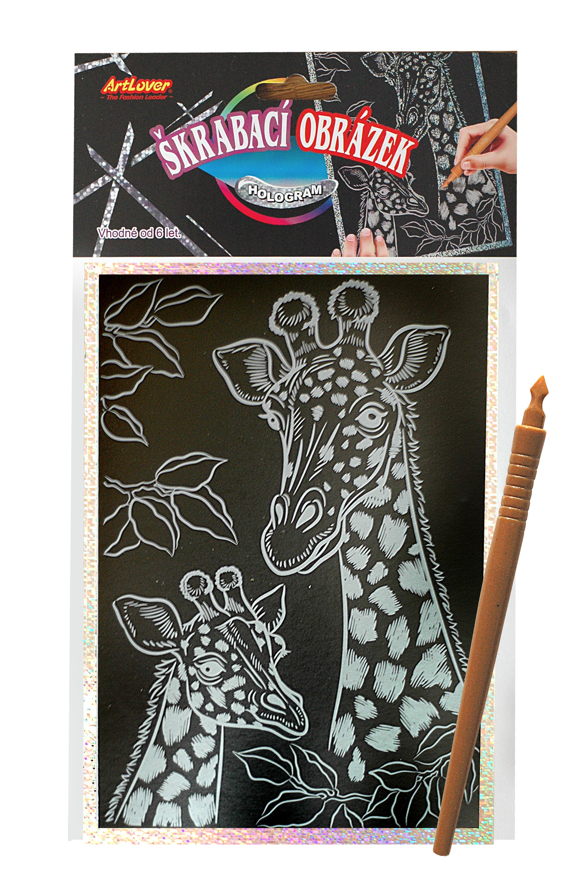 Škrabací obrázek- Holografický 20x15 cm- žirafy