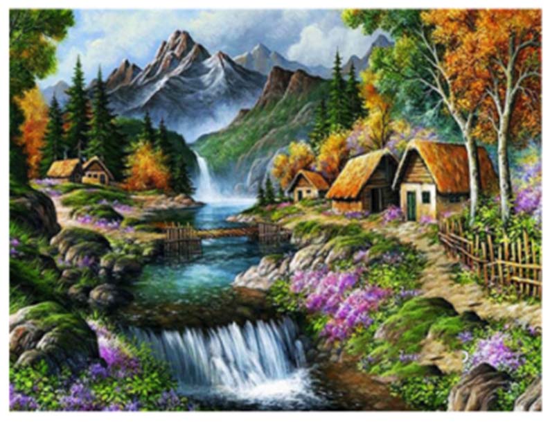 Diamantový obrázek -Chaty u horské řeky 30x40cm
