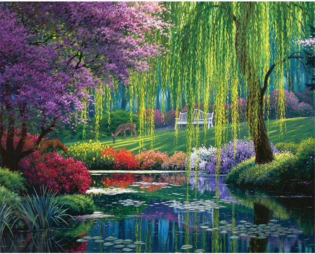 Diamantový obrázek - Smuteční vrba u rybníka 30x40cm