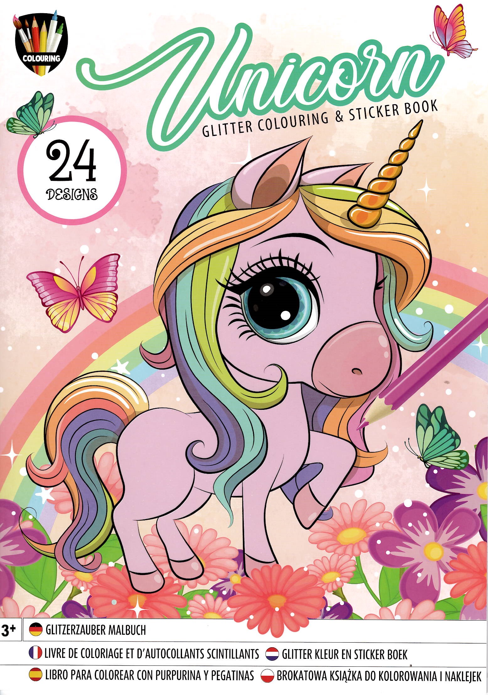 Omalovánky se třpytivými samolepkami,24 listů - Unicorn