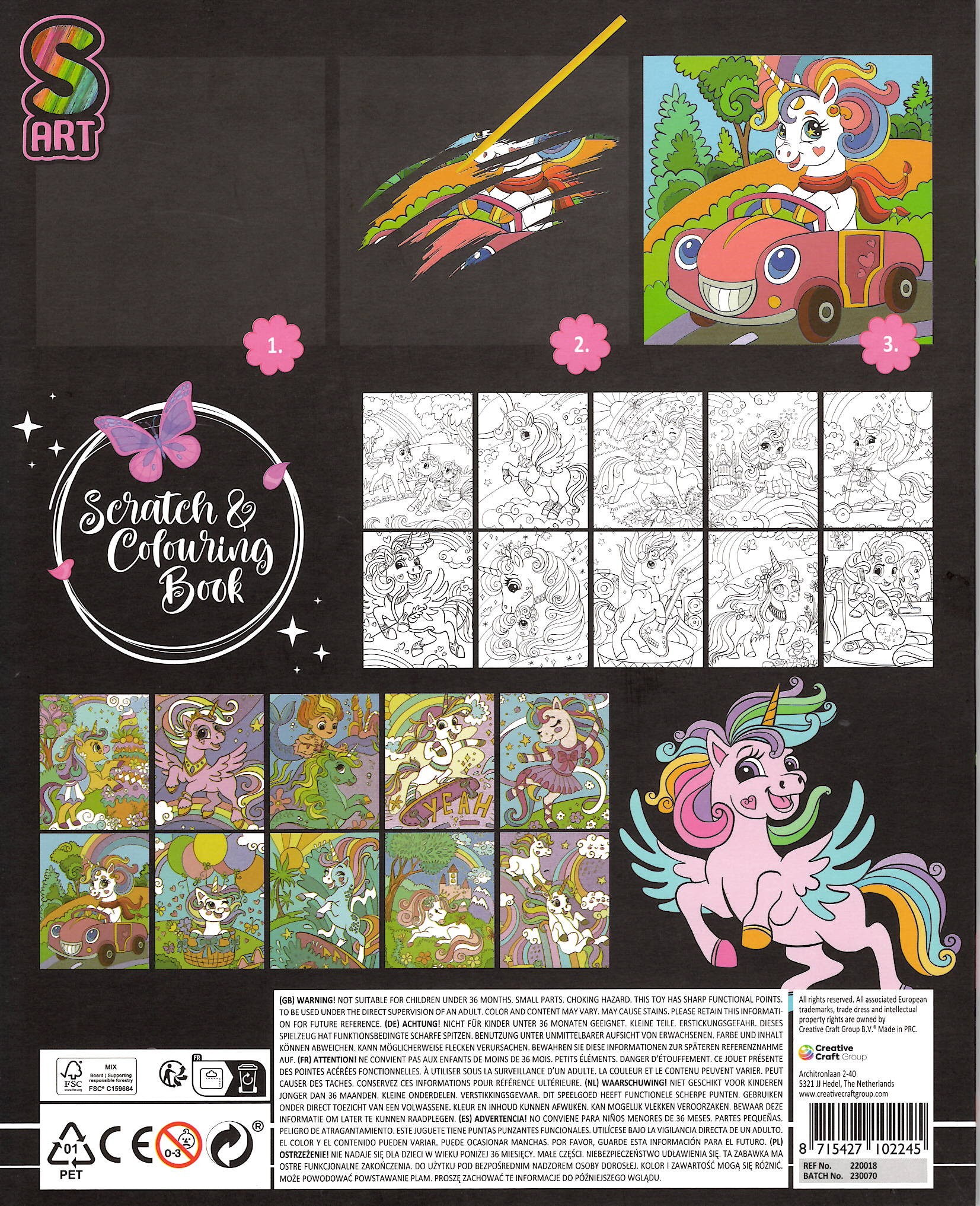 Škrabací + vymalovávací obrázky, 10 listů - jednorožec