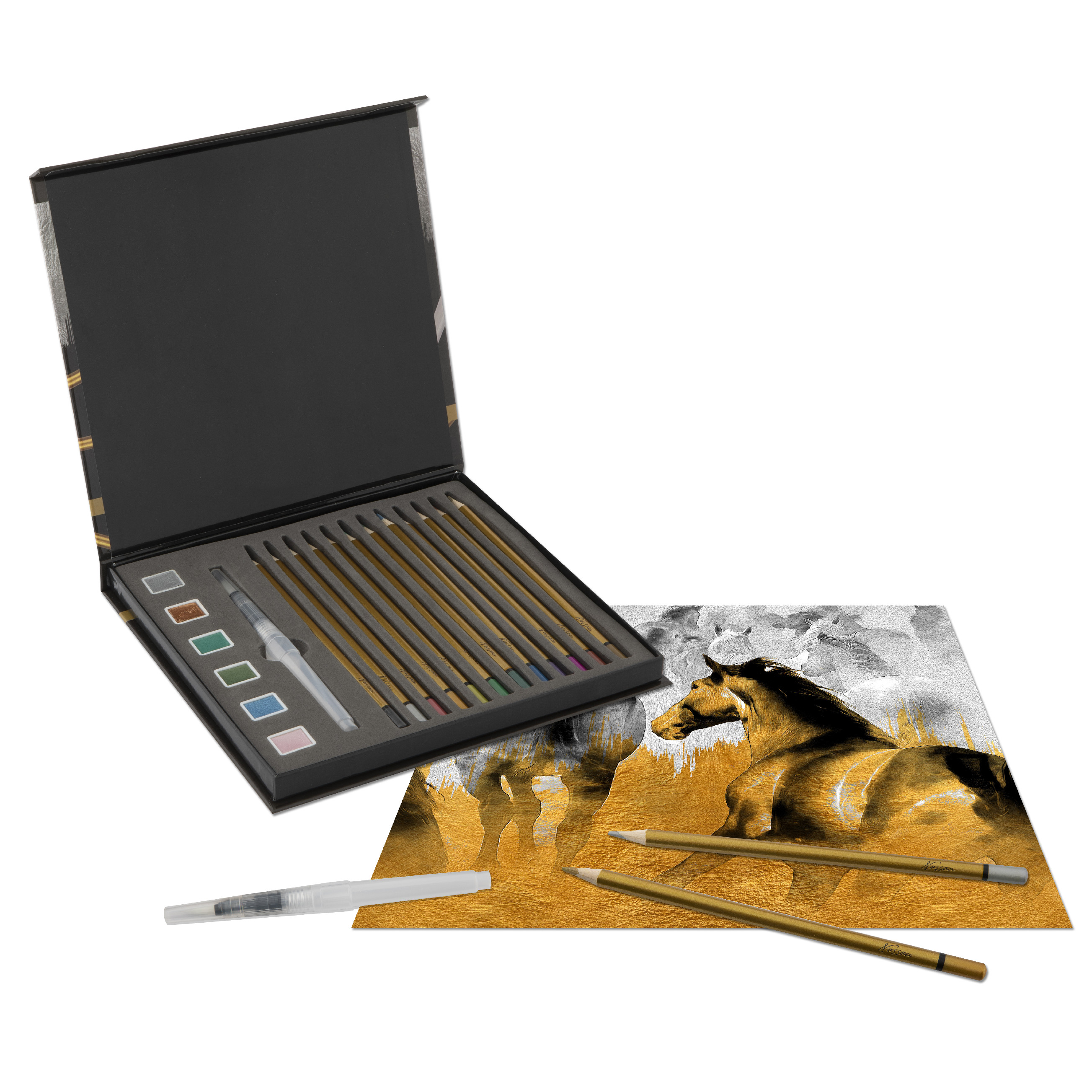 Metalické akvarelové barvy a pastelky, 19 ks