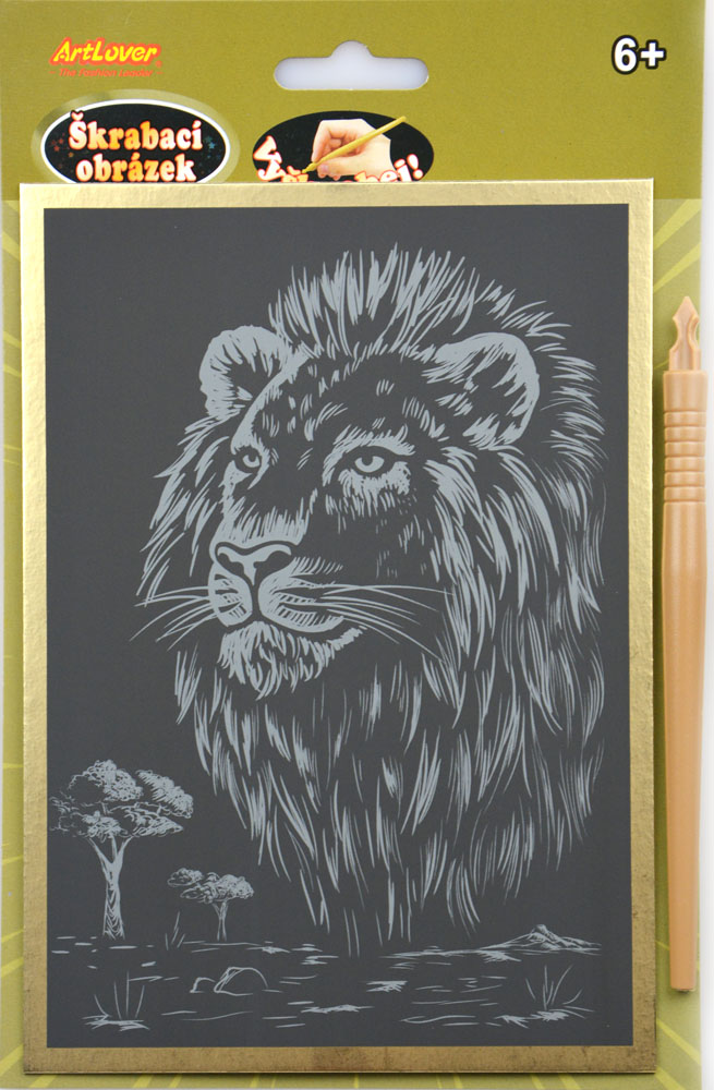 Škrabací obrázek - zlatý A5 - lev, cena za jeden ks, v boxu 24 ks