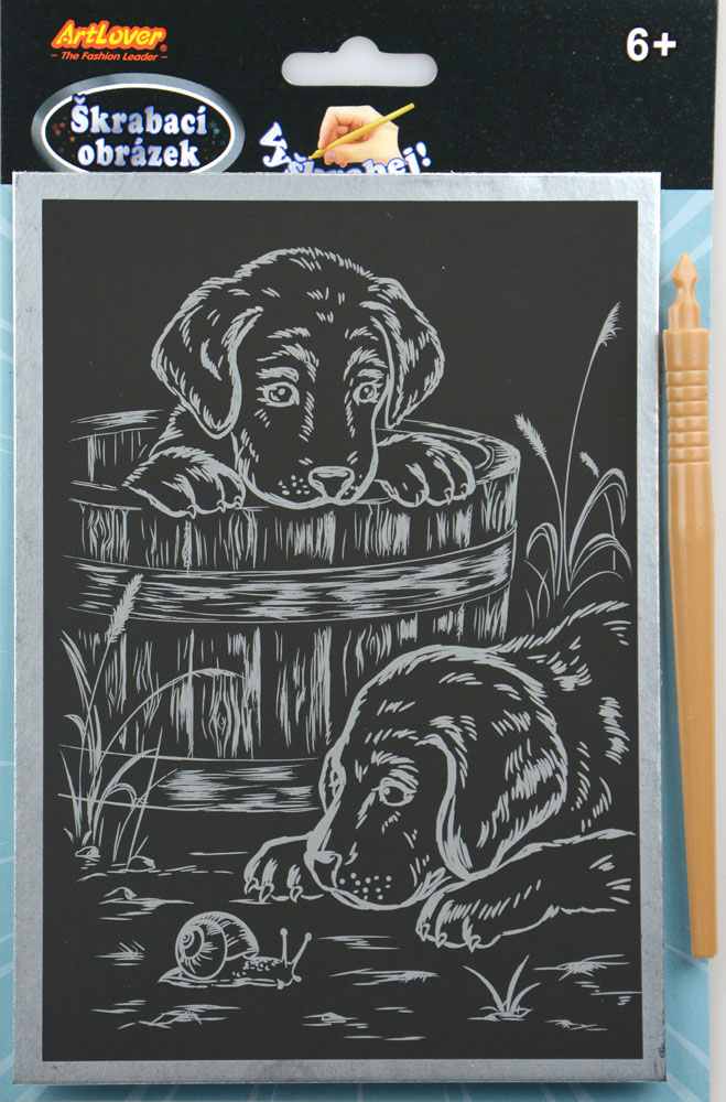 Škrabací obrázek - stříbrný pejsci A5 - pejsci, cena za jeden ks, v boxu 24 ks