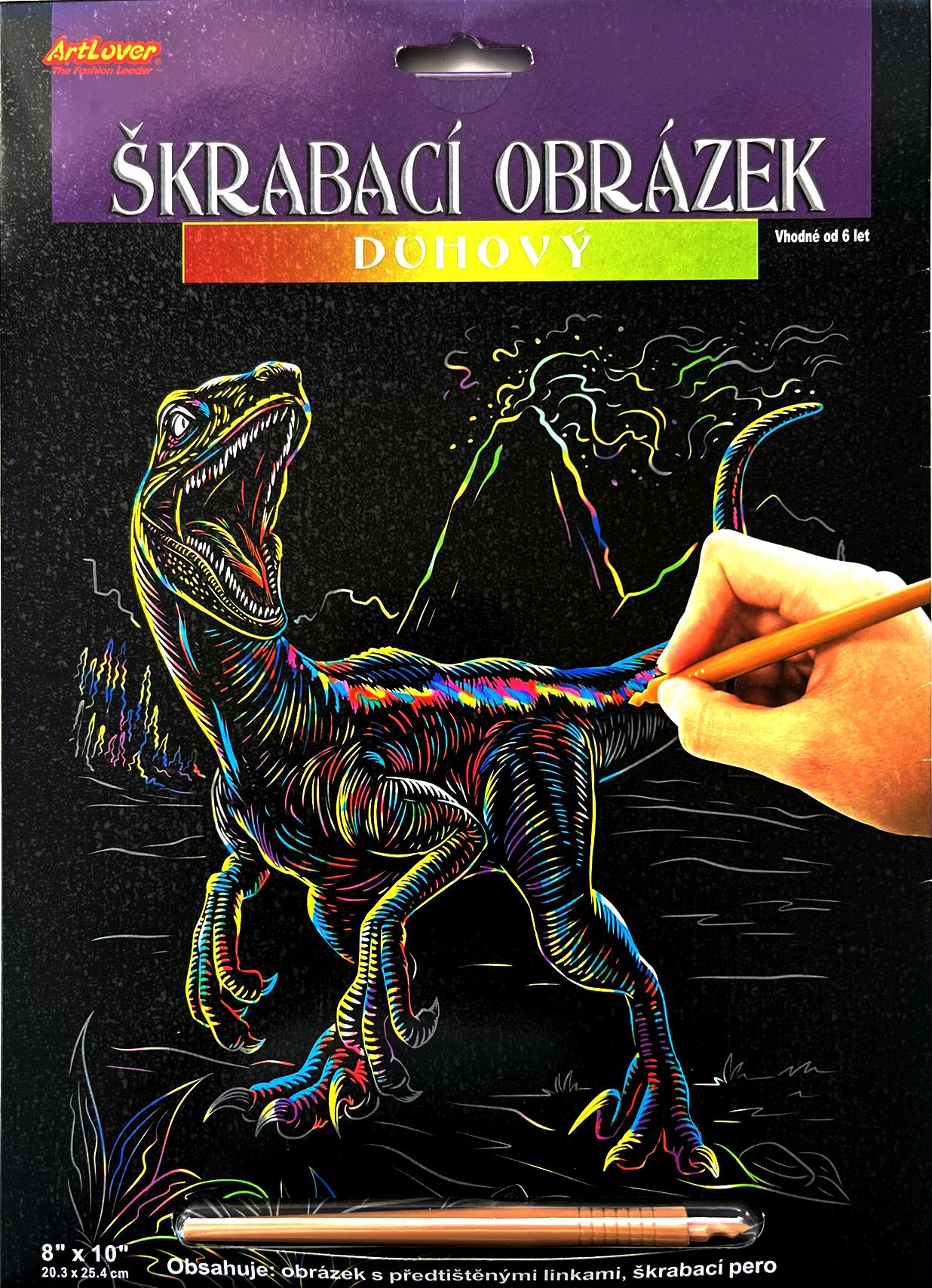 Škrabovací obrázek - duhový - Velociraptor