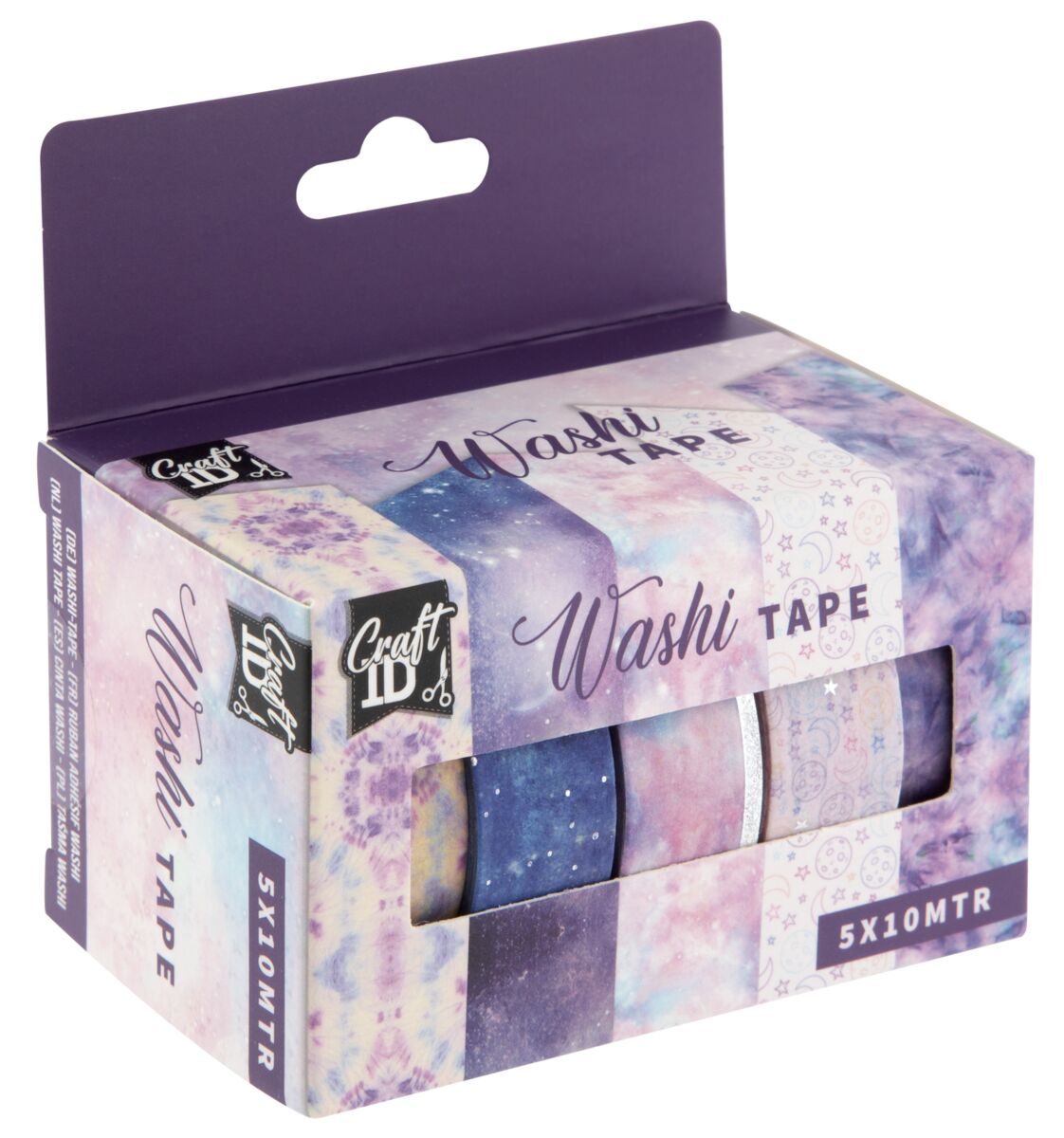Dekorační lepicí páska - Washi pásky, 1,5cm x 10m, 5ks - fialové