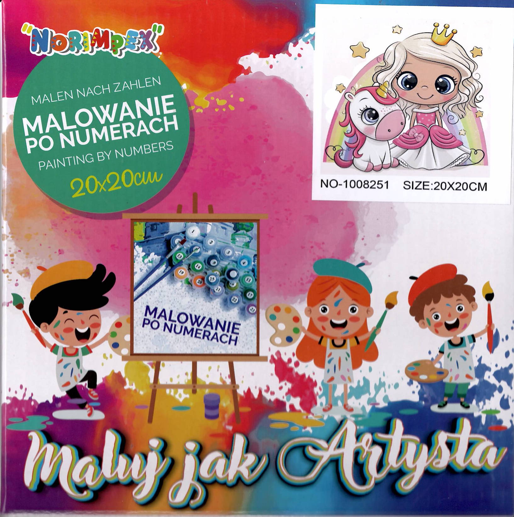 Malování podle čísel na plátno 20 x 20 cm - princezna a jednorožec