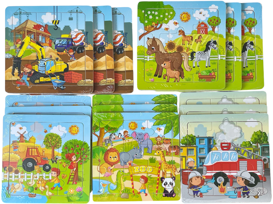 Dřevěné puzzle, 9 dílků, 15x15cm 15ks v boxu, 5 motivů