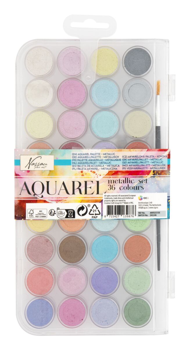 Metalické akvarelové barvy, 36 barev a štětec