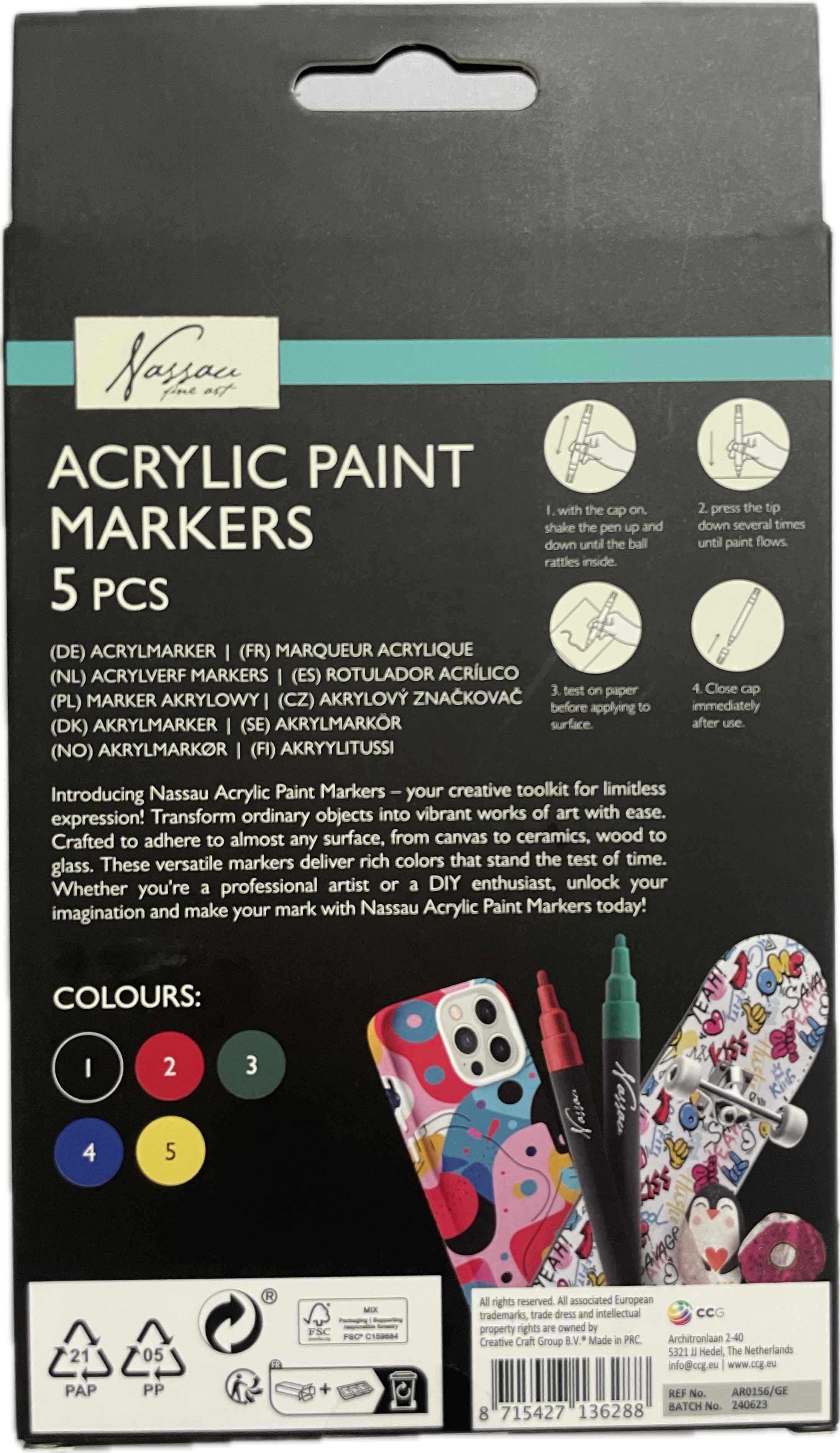 Akrylové fixy, 5 barev, tloušťka hrotu 2,5 mm