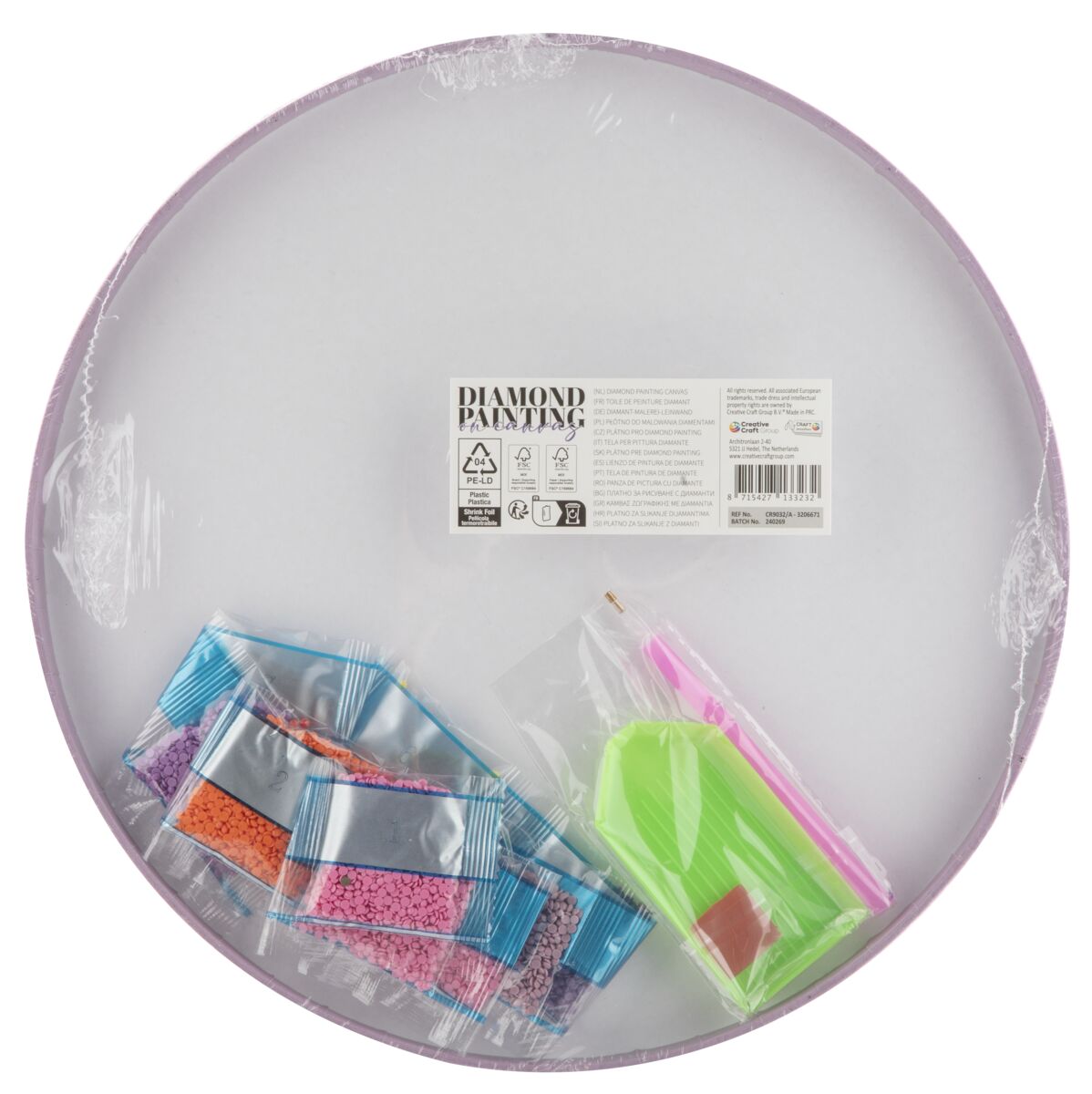 Diamantový obrázek na plátně, kulatý 30 cm - mandala, fialová květina