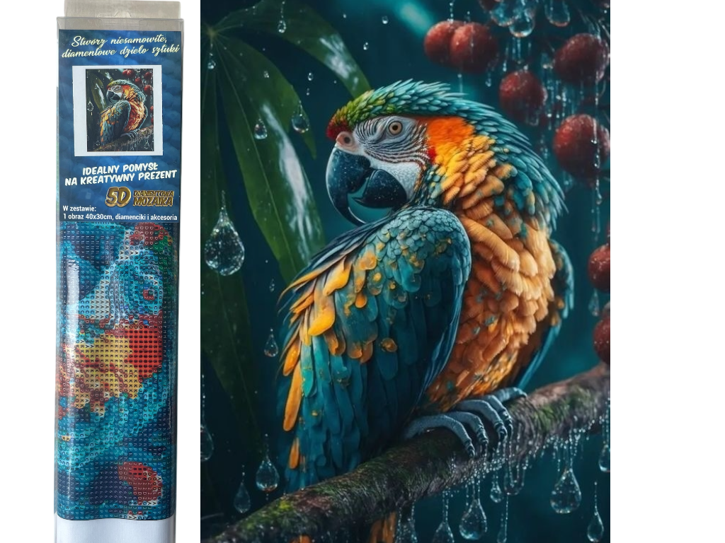 Diamantový obrázek Papoušek  v dešti 30 x 40 cm