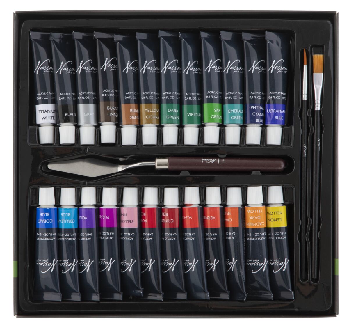 Akrylové barvy 24 ks x 12 ml, paleta, 2 štětce, malířská deska, malířská špachtle