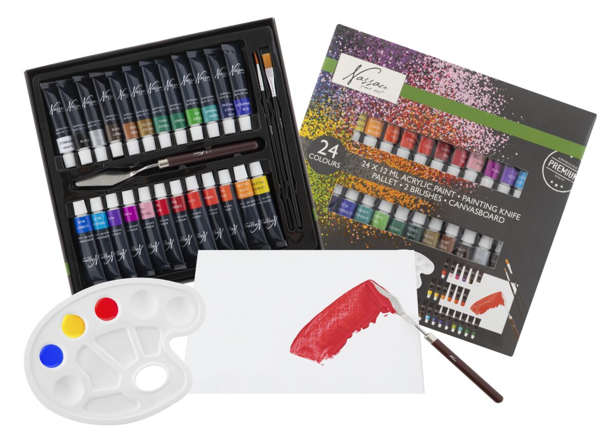 Akrylové barvy 24 ks x 12 ml, paleta, 2 štětce, malířská deska, malířská špachtle