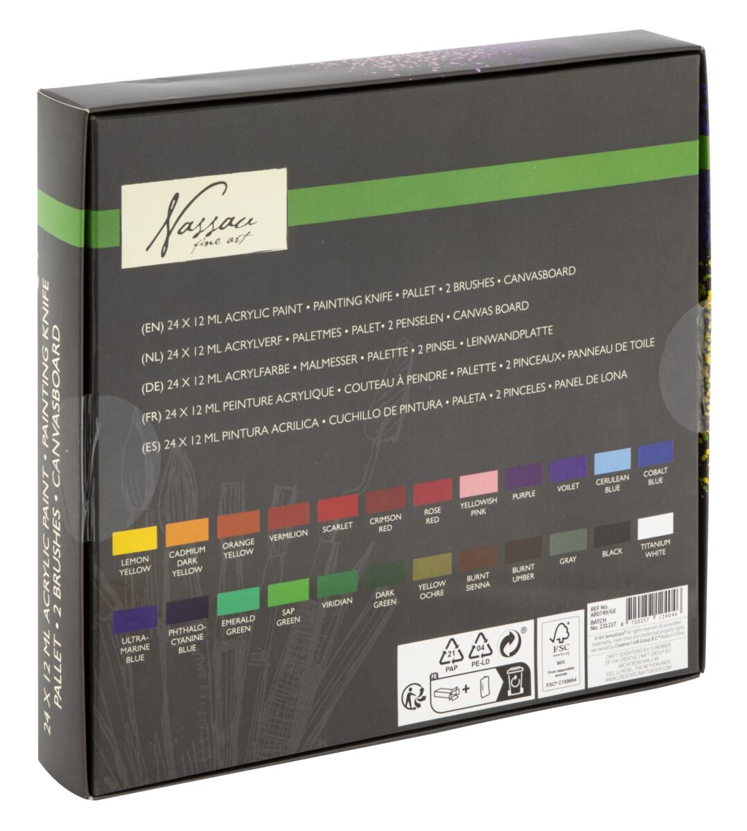 Akrylové barvy 24 ks x 12 ml, paleta, 2 štětce, malířská deska, malířská špachtle