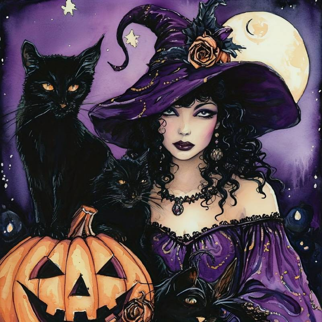 Diamantový obrázek - čarodějnice s kočkou 30 x 40 cm