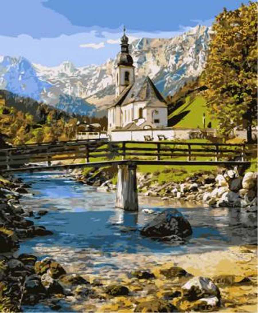 Diamantový obrázek - horský kostel 30 x 40 cm