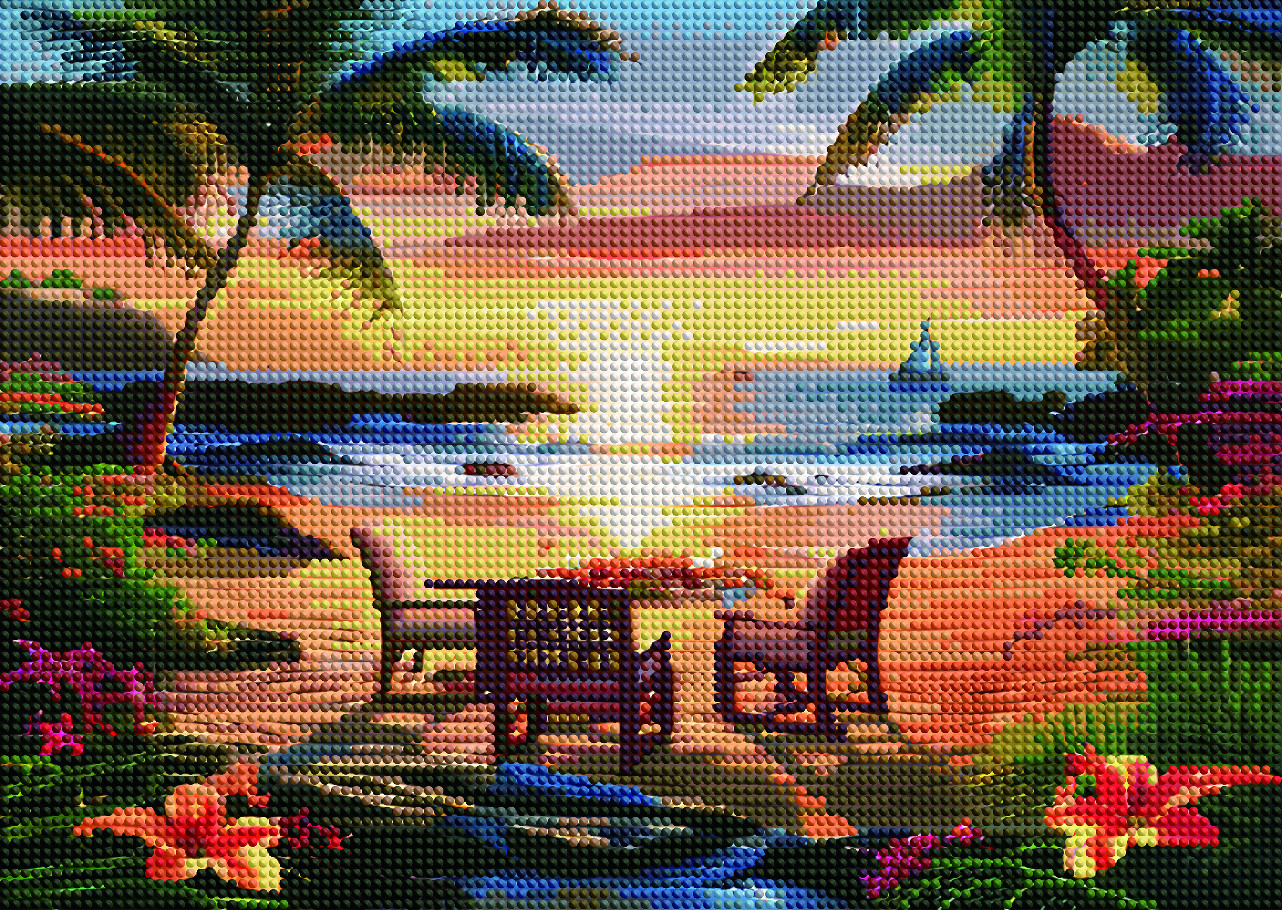 Diamantový obrázek Západ slunce u táboráku 30x40cm