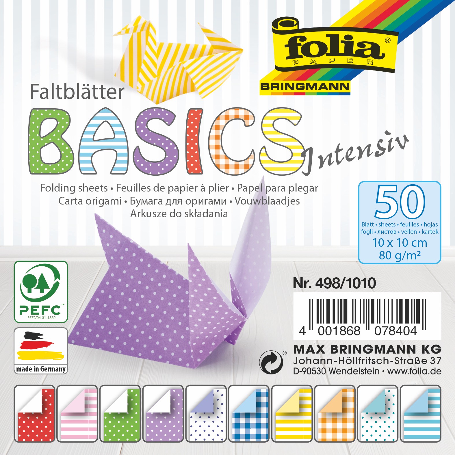 Papíry na origami 10x10 cm, 50 listů, 80 g/m², INTENSIV