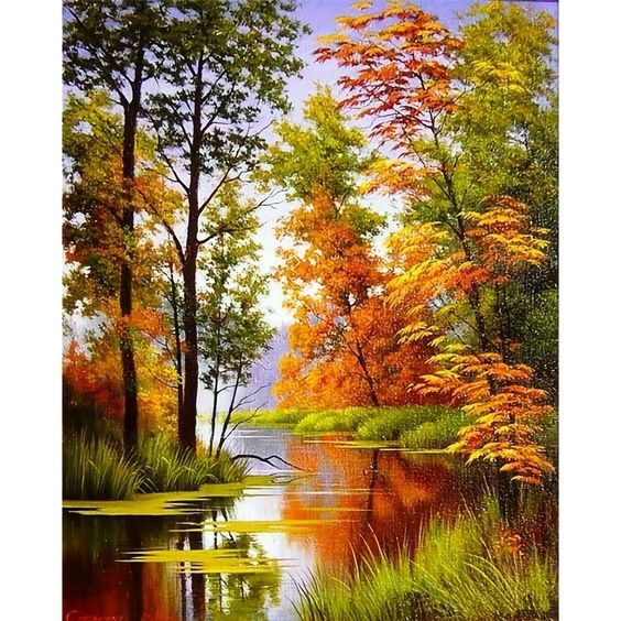 Diamantové malování Podzimní řeka, 30 × 40 cm