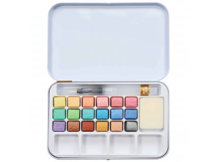 71167 mont marte sada akvarelovych barev metallic 18ks vodove pero houbicka paleta kovovy box