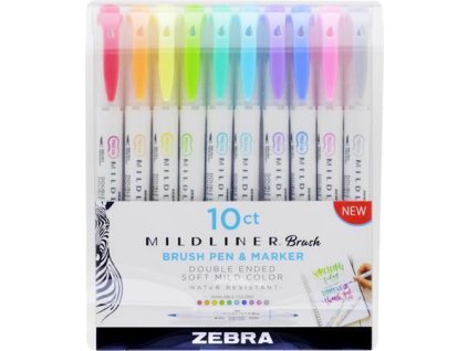 Štětcové fixy oboustranné ZEBRA Mildliner Brush & Marker, sada 10 barev