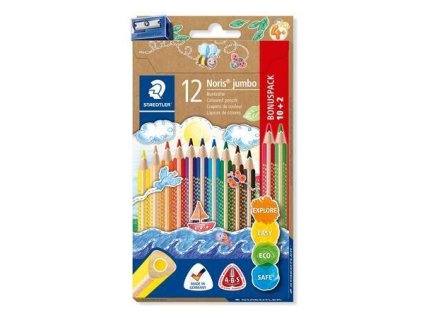 Sada trojhranných pastelek Noris Jumbo s ořezávátkem, 10+2 ks, STAEDTLER