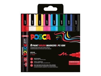 Akrylové štětcové popisovače POSCA PC-5BR – sada 8 základních barev, šířka stopy 1–4 mm
