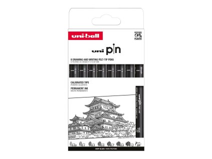Sada 8 kusů černých linerů UNI PIN Classic (0,03–1,2 mm + BR)