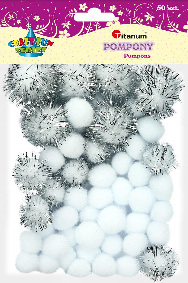Levně Bambulky pompom Titanum mix, bílé stříbrné 50 ks
