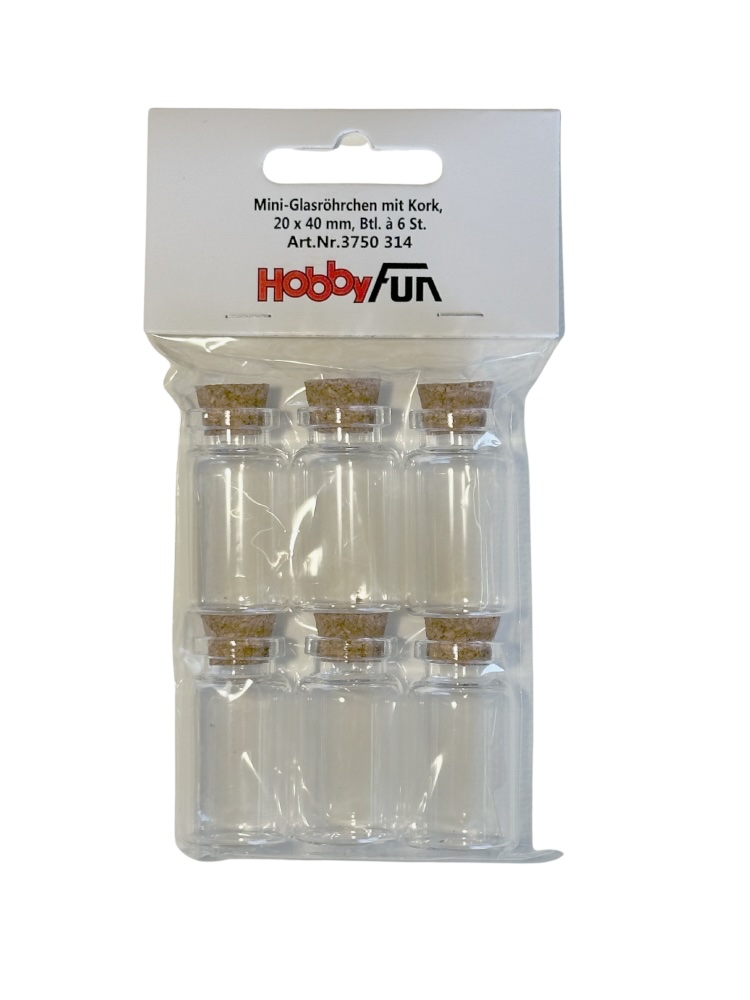 HobbyFun Mini lahvičky 20x40 mm s korkovou zátkou, 6 ks