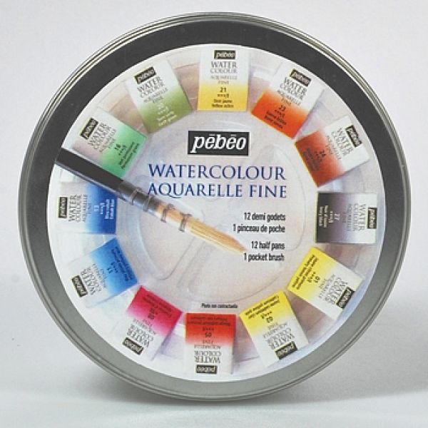 Levně Pébéo Studio Aquarelle 12 - Akvarelové barvy v kulaté etui 12 1/2 pánviček + štětec