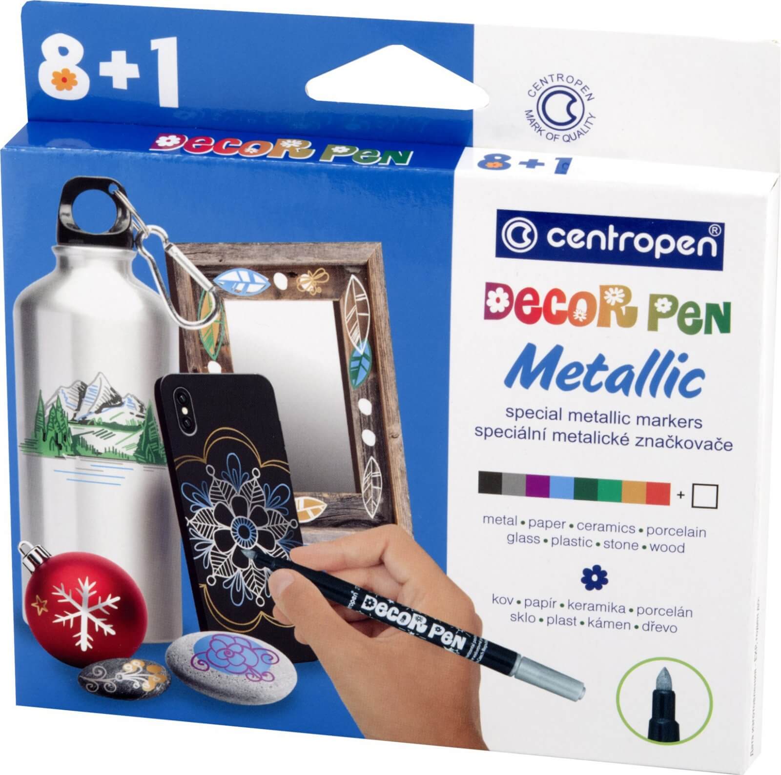 Centropen DECOR PEN Metallic sada popisovačů 8+1 na kameny, sklo, keramiku, kov