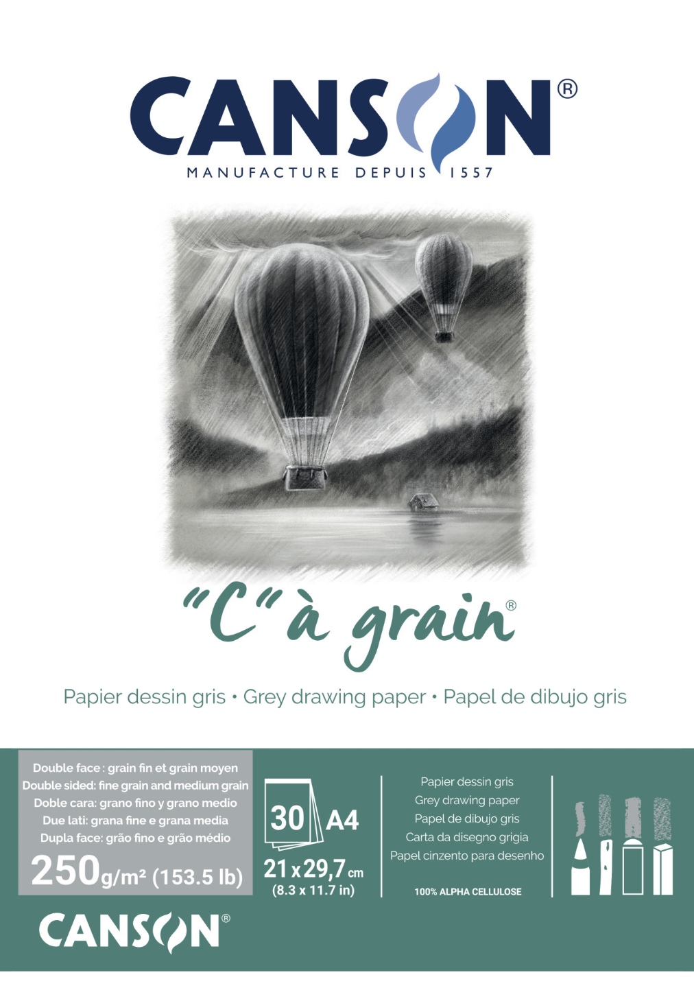 Levně Canson "C" A' GRAIN lepený 250g, A4 30l ŠEDÝ
