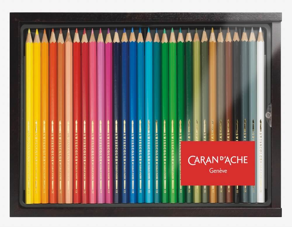 Caran D'ache Swisscolor akvarelové pastelky 30 barev, dřevěný box Caran D'ache, Swisscolor, 1285.430, akvarelové, vodou ředitelné, FSC, Swiss Made, pastelky, sada, dárkové balení