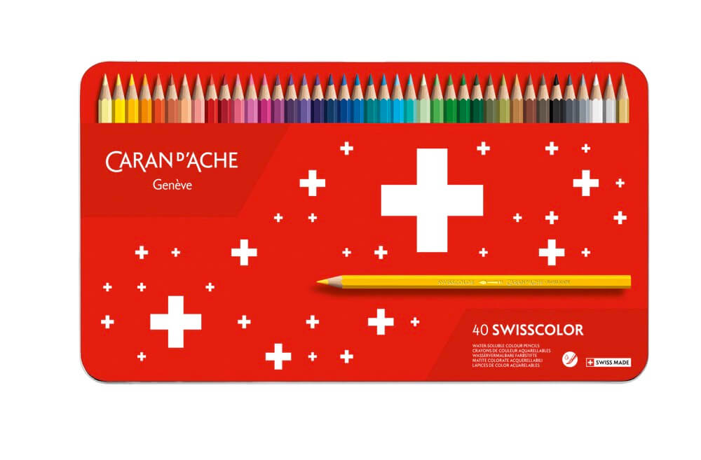 Caran D'ache Swisscolor akvarelové pastelky 40 barev, plechová krabička
