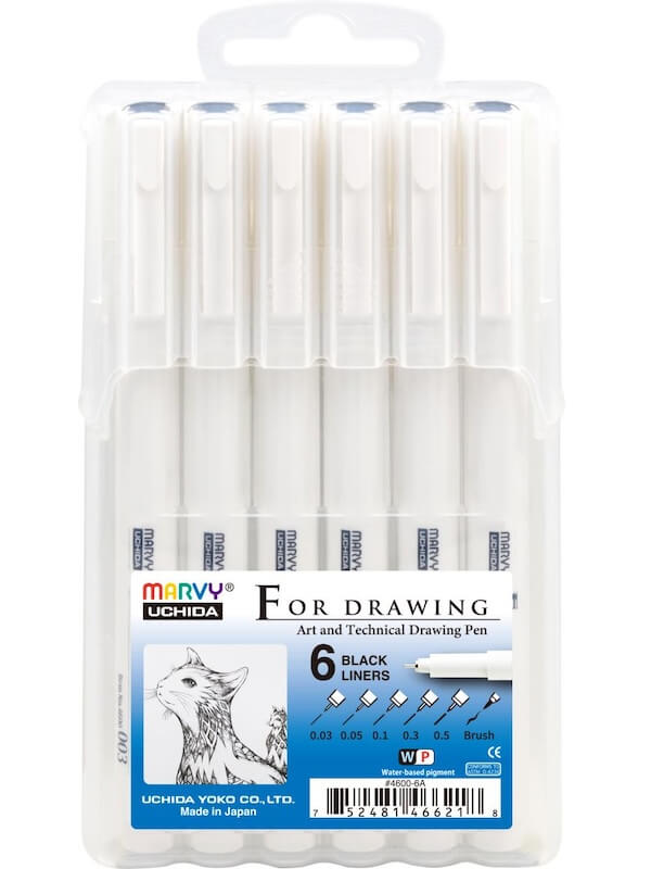 Marvy For Drawing - Sada 6 ks černých pigmentových popisovačů