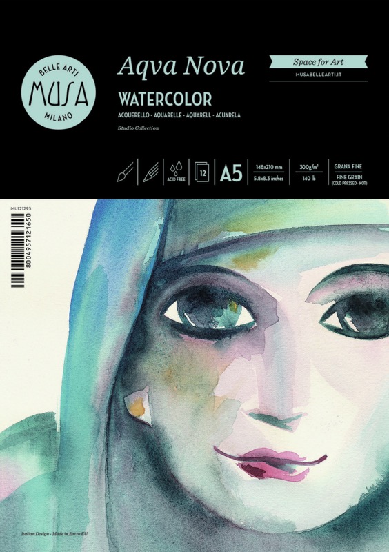 Levně Musa Aqva Nova Watercolor blok akvarelových papírů A5, 300 g/m2, 12 listů, lepená vazba