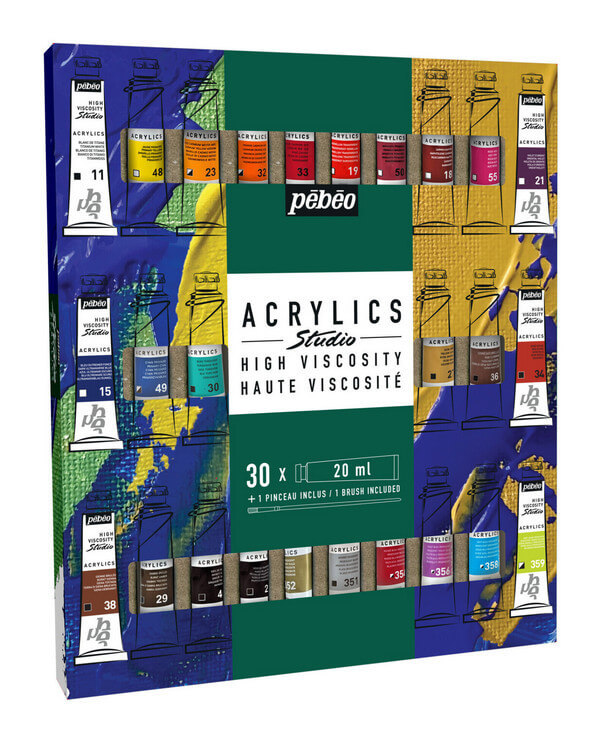 Levně Pébéo Akrylové barvy Studio Acrylic sada 30 x 20 ml + štětec, nový obal