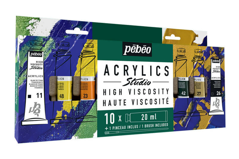 Levně Pébéo Akrylové barvy Studio Acrylic sada 10 x 20 ml + štětec, nový obal