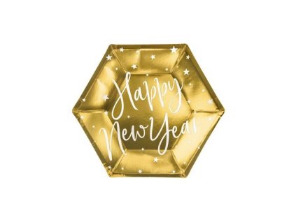 0009796 papirove talirky happy new year zlate metalicke 20cm