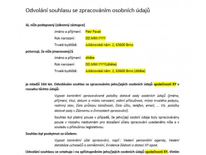 Odvolání souhlasu univerzální dítě