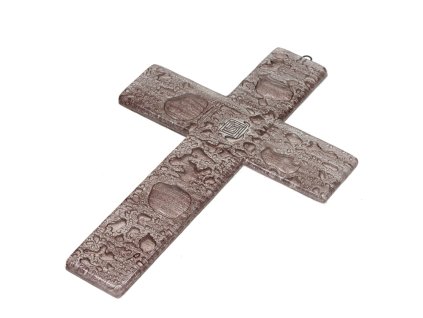 Ręcznie robiony krzyż ścienny WAGA, brązowy kolor, spiralny motyw