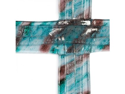 Szklany krzyż ścienny WAGA w turkusowo-brązowej palecie, zawieszony na ścianie.