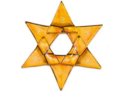 Bożonarodzeniowa szklana ozdobna gwiazda w kolorze bursztynowym 01 - złote gwiazdki