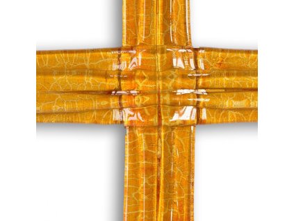 Ręcznie wykonany bursztynowy krzyż ścienny — przezroczyste, warstwowe szkło, ciepły odcień