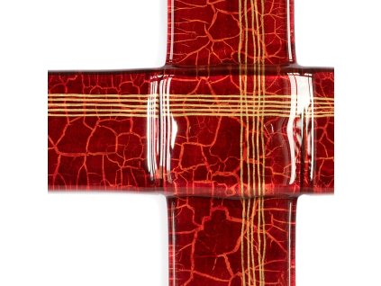 Rubinowy szklany krzyż ścienny WAGA ze złotym wzorem linii
