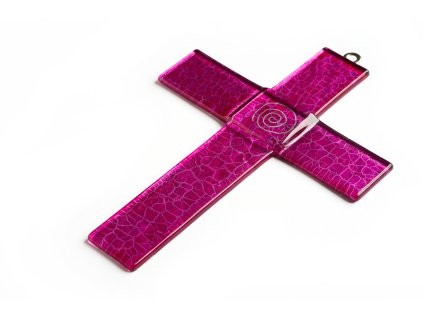 Głęboko różowy szklany krzyż ścienny WAGA ze srebrną spiralą.