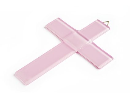 Pastelowy różowy krzyż szklany z okazji chrztu, ręcznie wykonany.