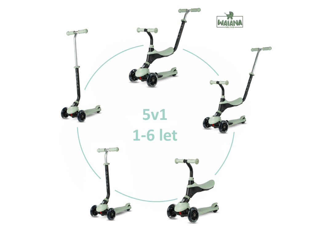QPLAY Kolobežka Sema Pro Green, 5 v 1, s LED kolieskami, vek 1-6 rokov